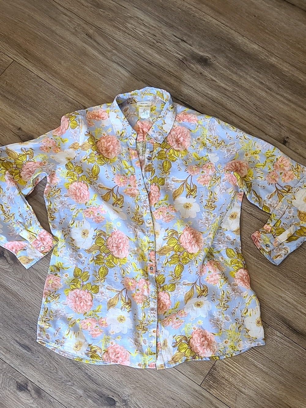 Joie 100% Linen Floral Button Down Shirt Blouse Light Blue Pink Large EUC